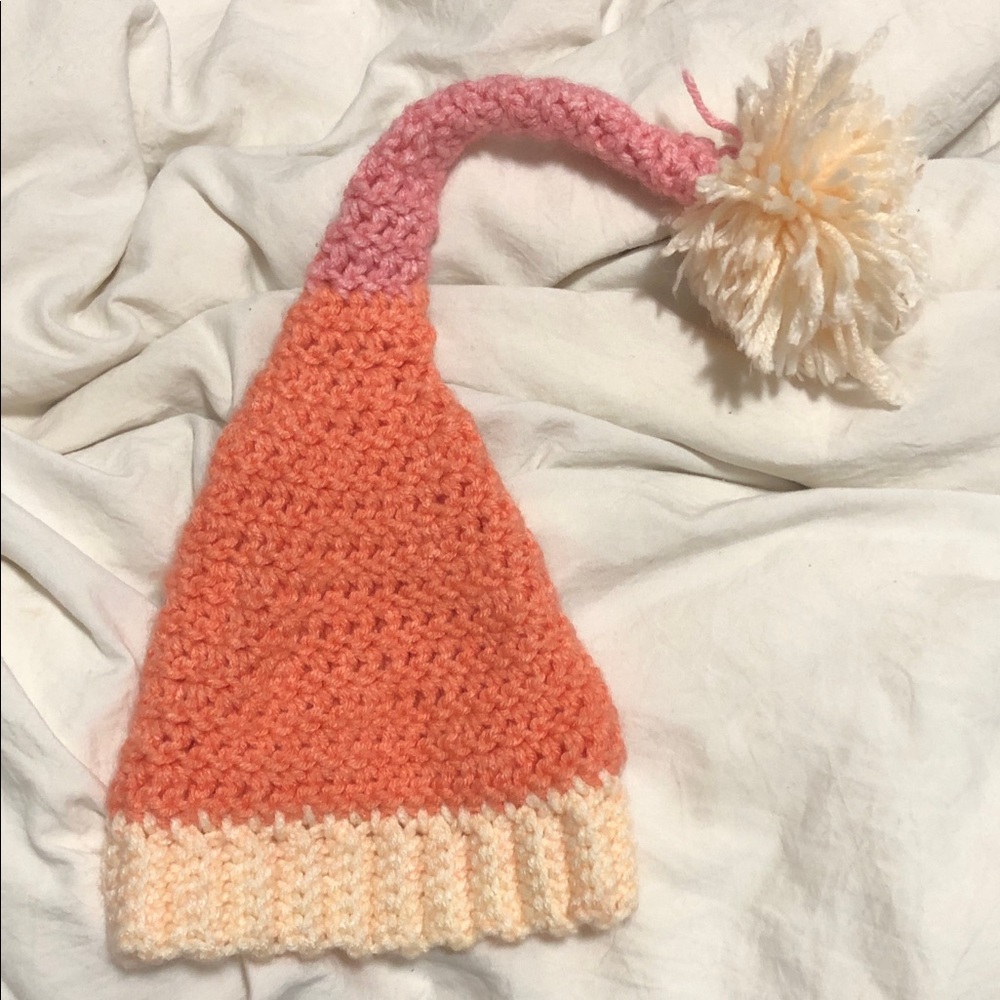 Chunky Crochet Kids Hat with Pom in Peach, Pink & Cream